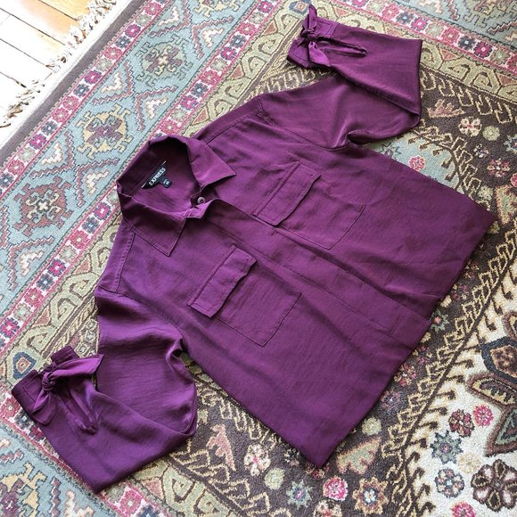 Silky Maroon Tie-Sleeve Button-Front Collared Blouse by Express - Picture 2 of 16